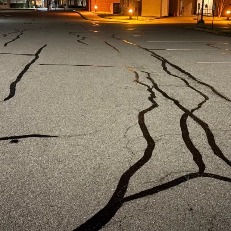 image (72) A cracked asphalt parking lot at night with dark crack sealant applied to the fissures.